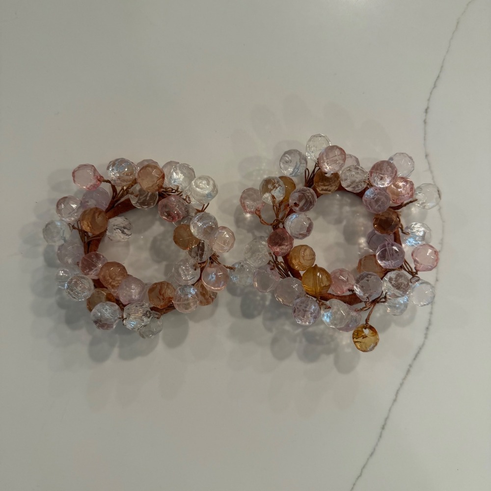 Set of 2 Beaded Napkin Rings Amber Pink Clear Faceted Acrylic Table Decor